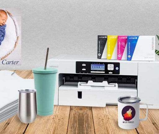 variety of sublimation drinkware in front of sublimation printer and inks