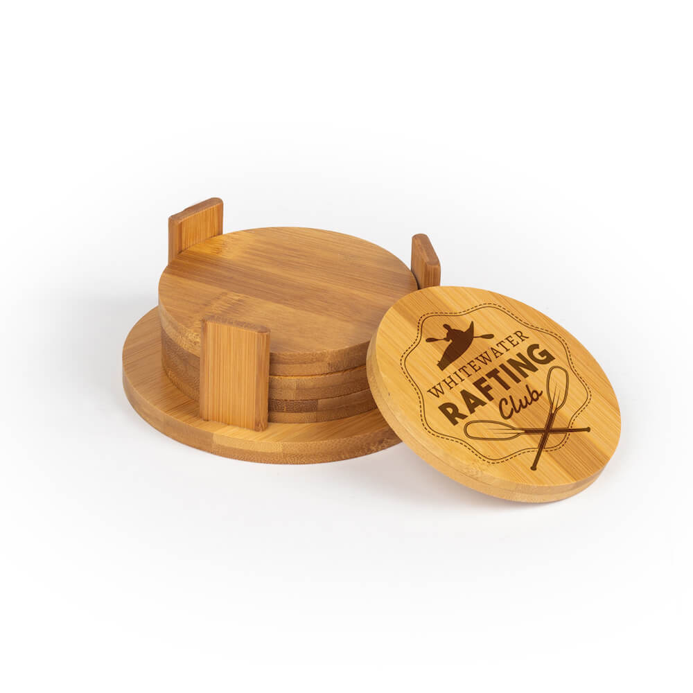 Round bamboo coasters and holder engraved with Whitewater Rafting Club