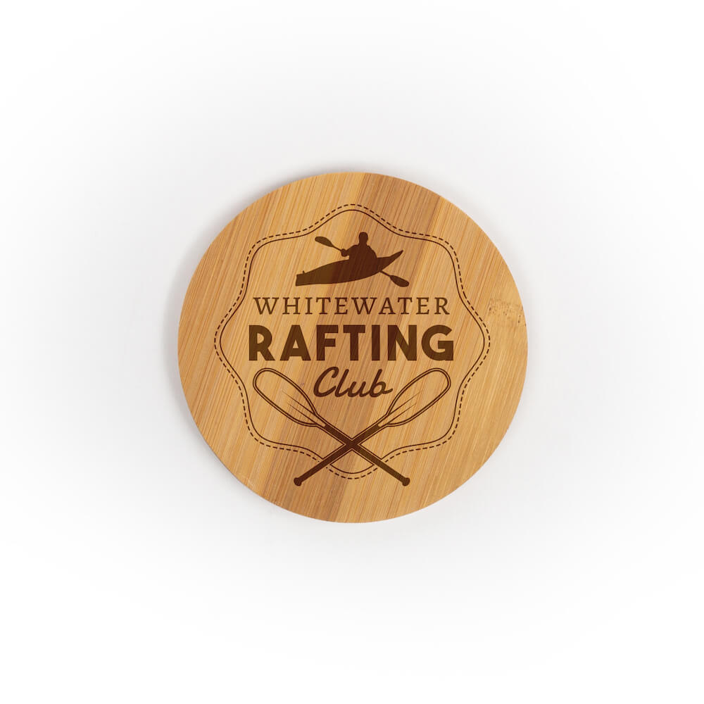 Individual round bamboo coaster engraved with Whitewater Rafting Club