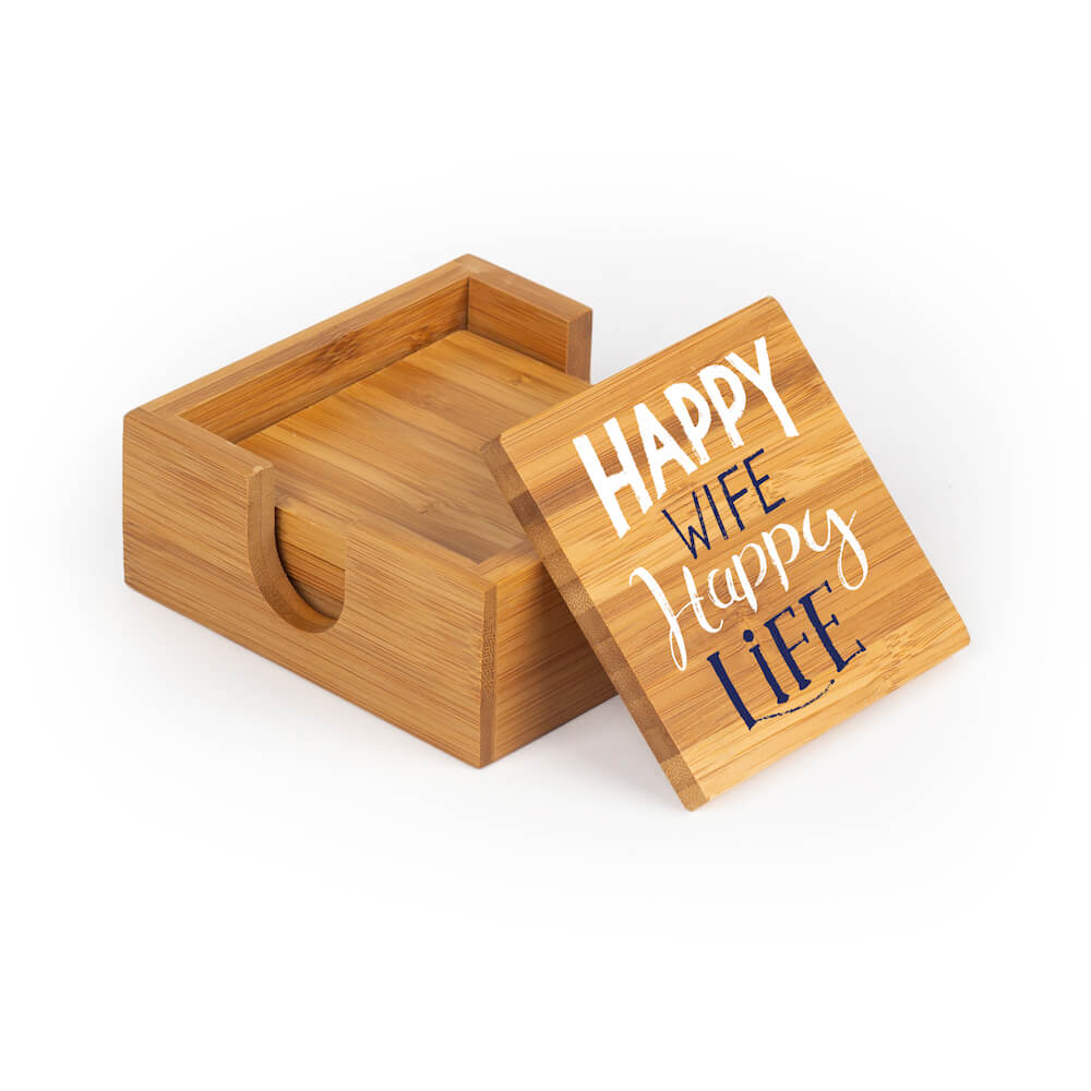 Square bamboo coasters and holder engraved with Happy Wife Happy Life