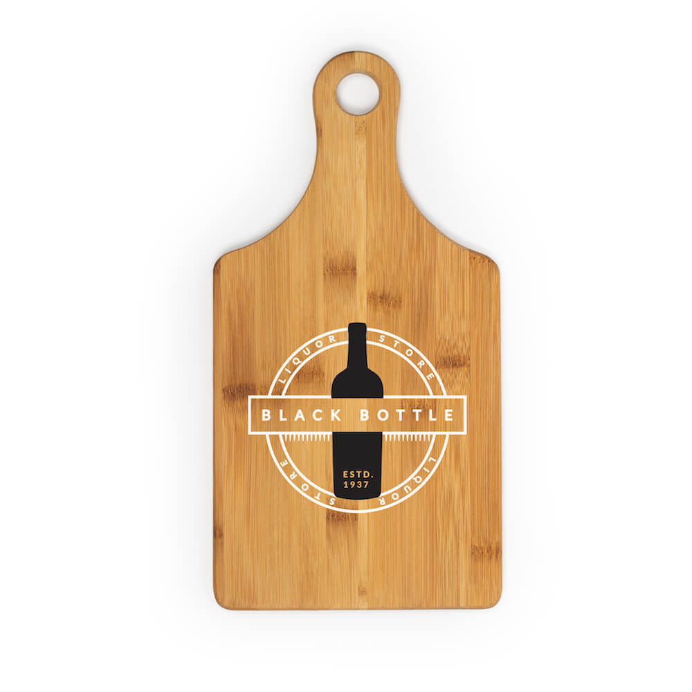 Wine bottle shaped cutting board engraved with a wine bottle and Black Bottle