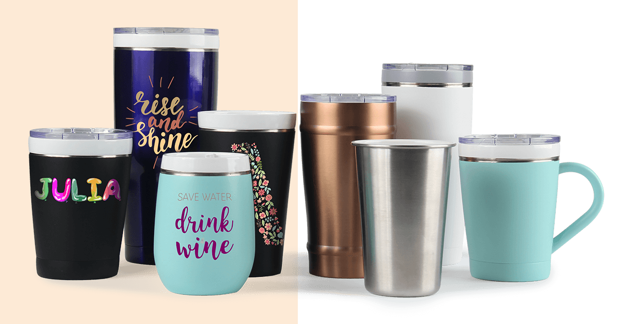 variety of customized drinkware and blank drinkware