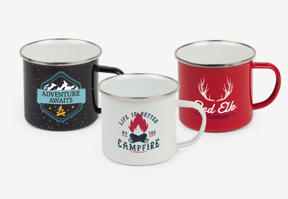 three different customized campfire mugs