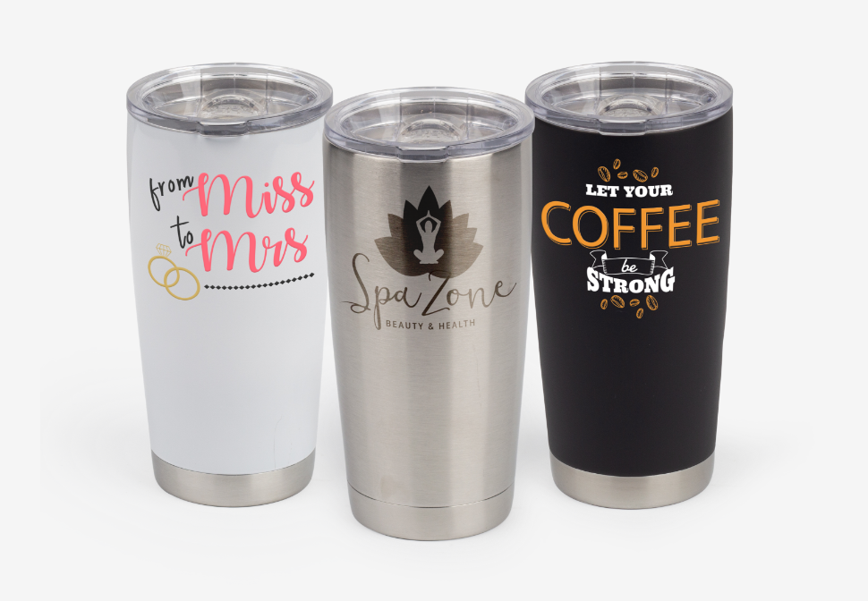 three different customized tumblers