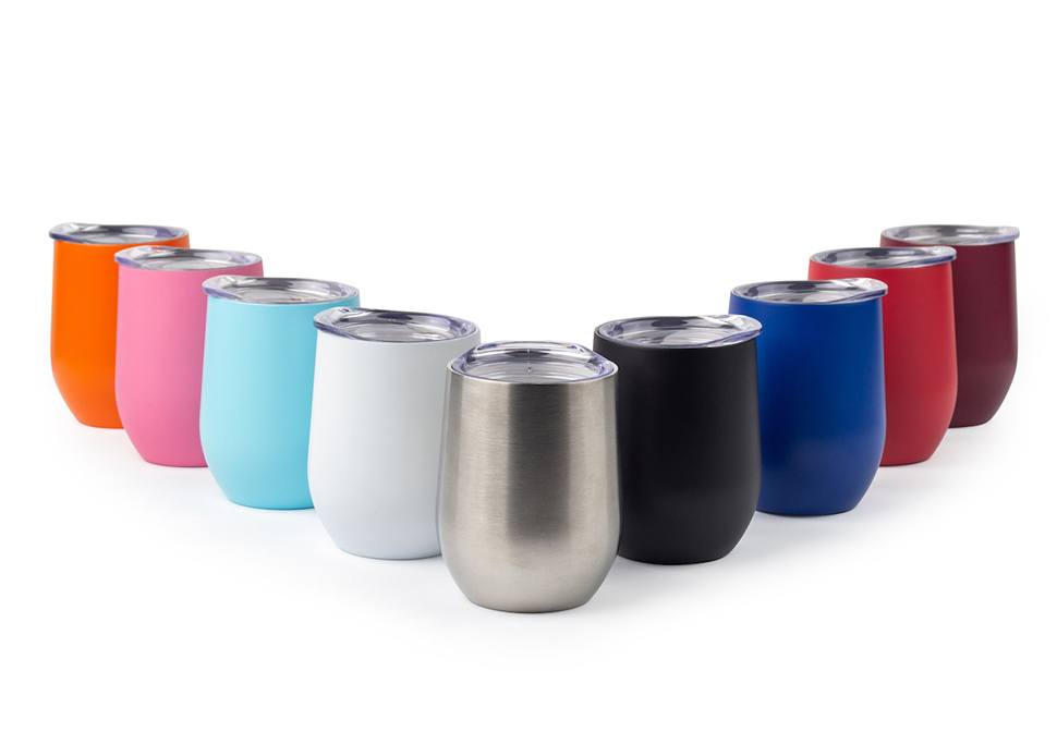 variety of stemless wine glasses in different colors