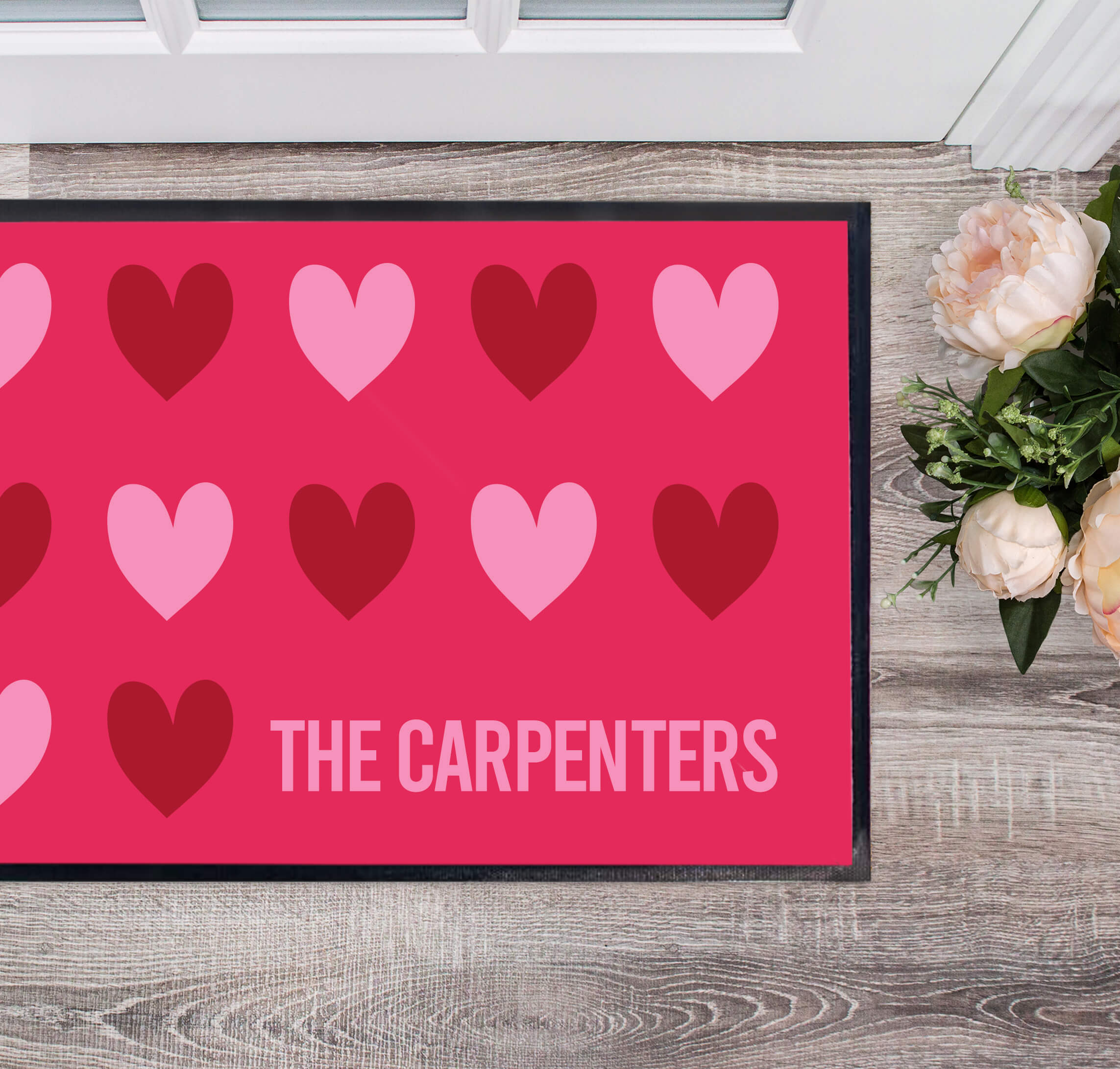 welcome mat customized with family name and valentine's day theme