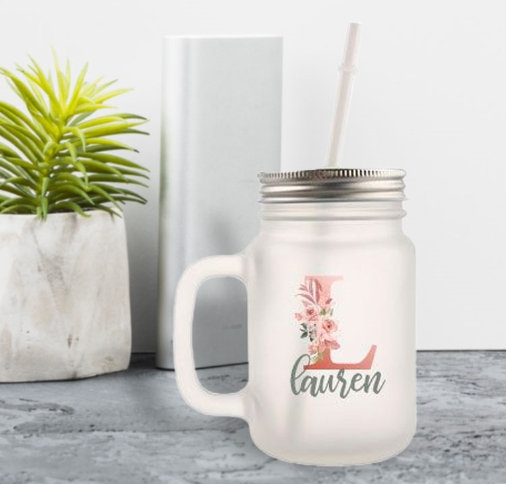 frosted mason jar with lid and straw customized with 