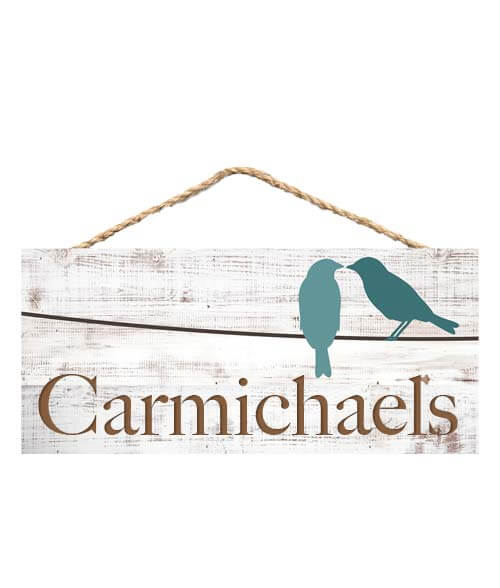 personalized pre-printed bird white faux wood hanging sign