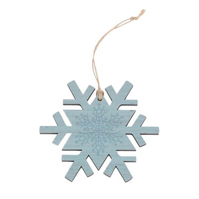 snowflake ornament with snowy design