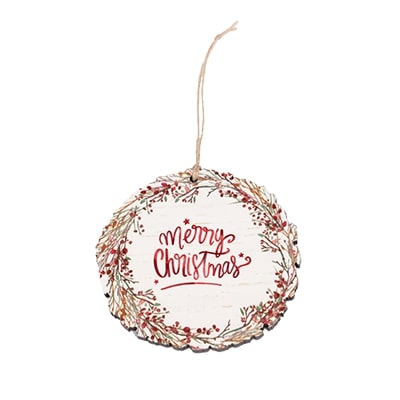 personalized round holiday ornament with pine and berries
