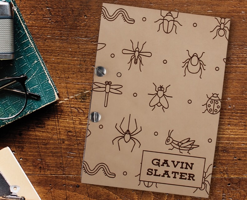 Leather notebook customized with images of bugs and name