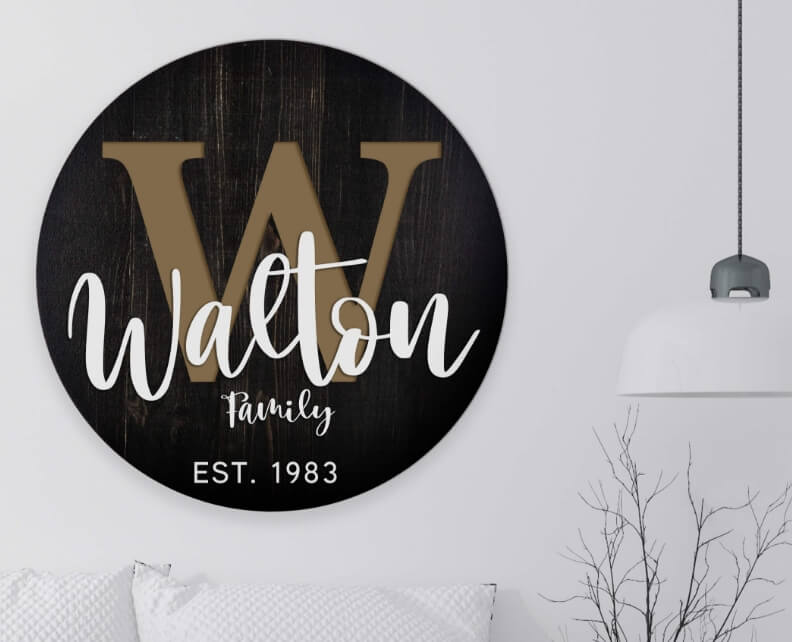 Large wood round wall hanging customized with the initial W, Walton Family, est. 1983