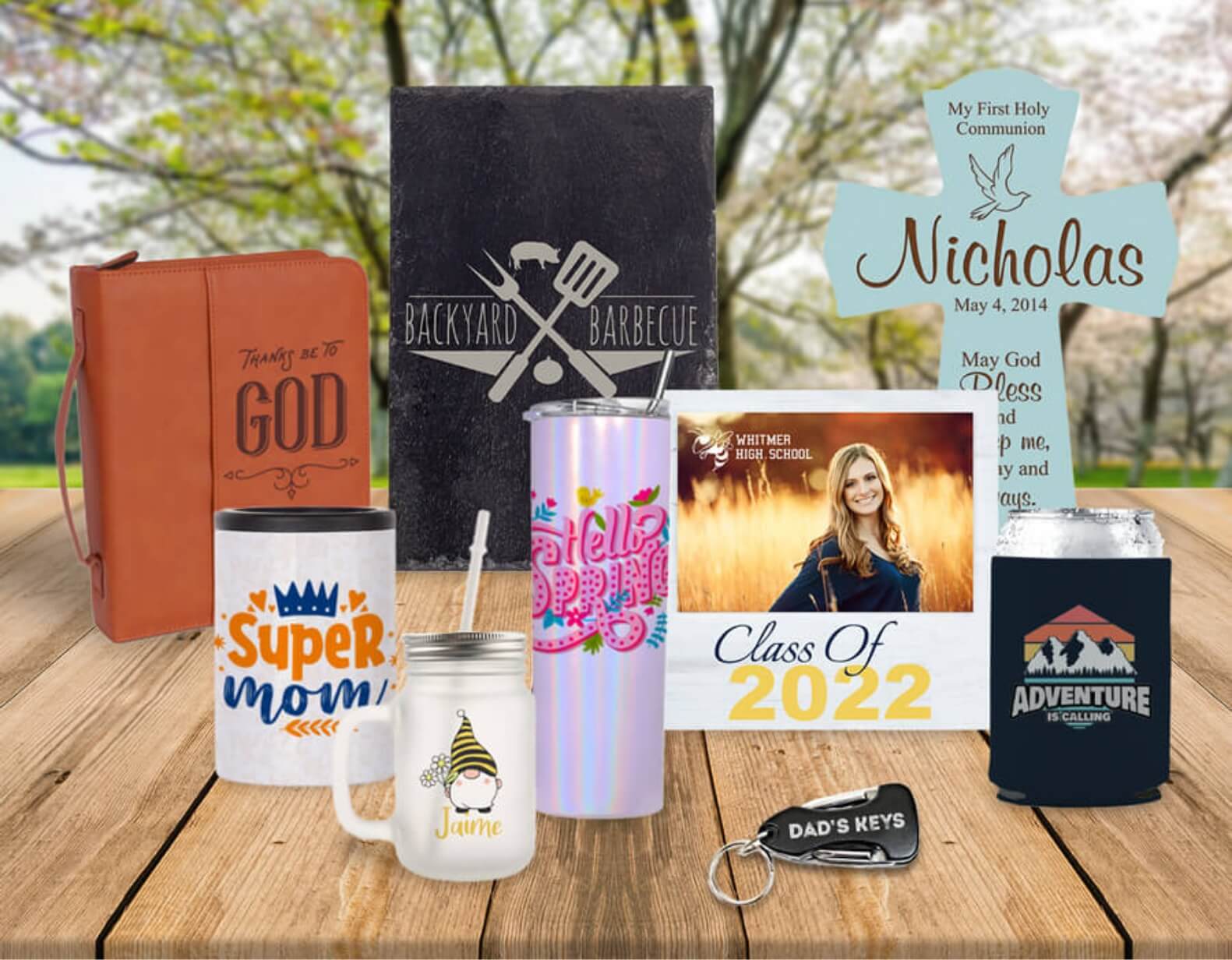Assortment of personalized items with religious and spring themes
