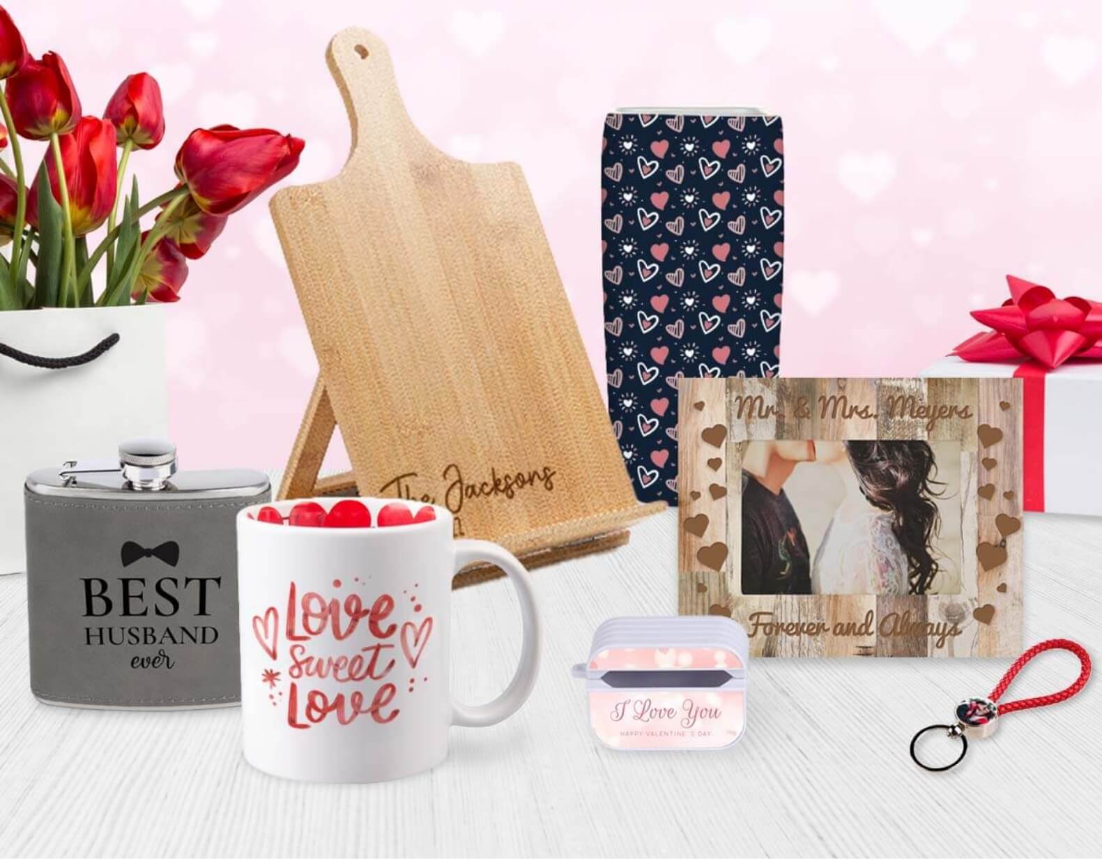 Assortment of personalized gifts for valentine's day, photo frame, keychain, mug, cutting board, and hip flask