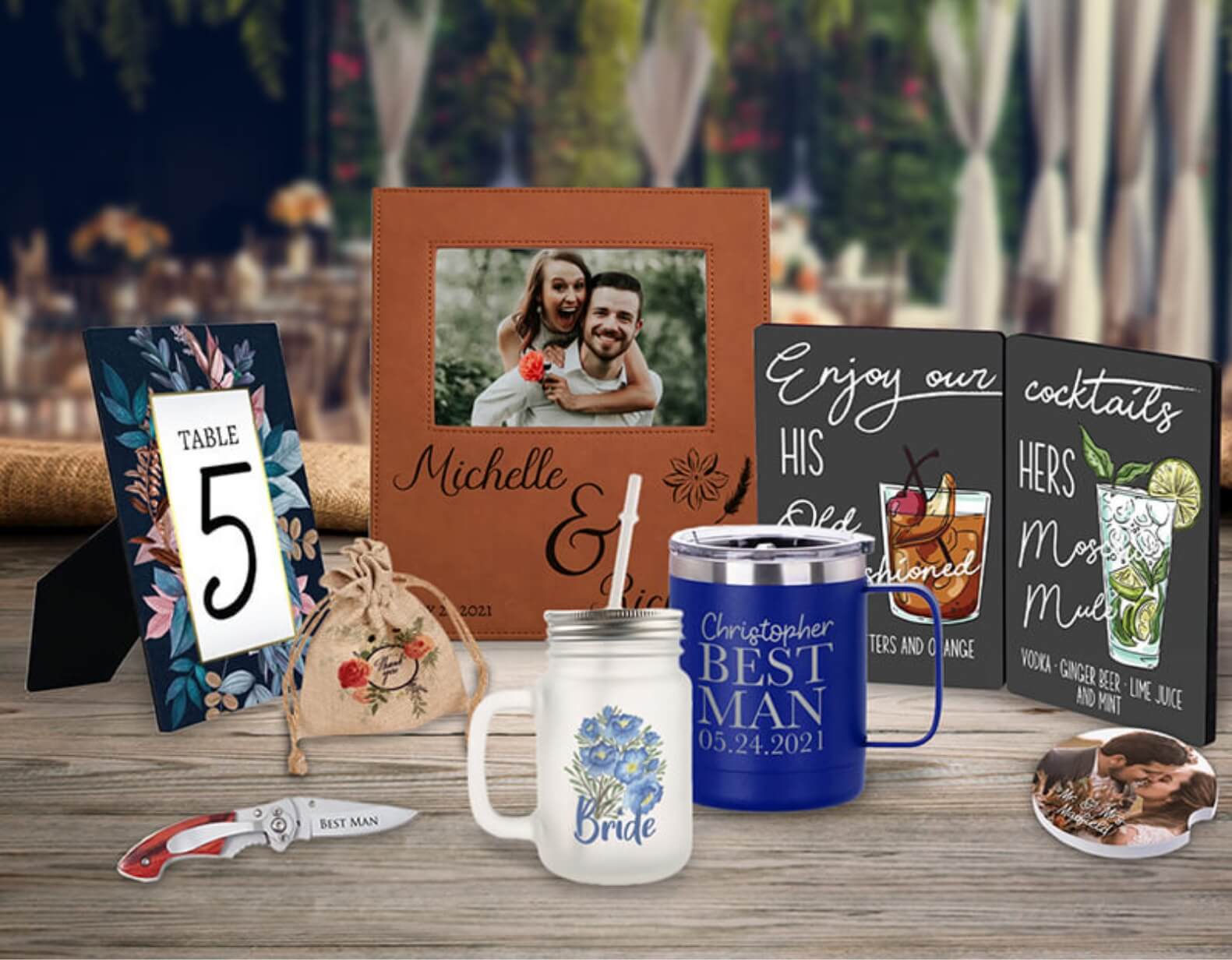 Variety of personalized items for brides, grooms, bridal parties, and table decorations at a wedding