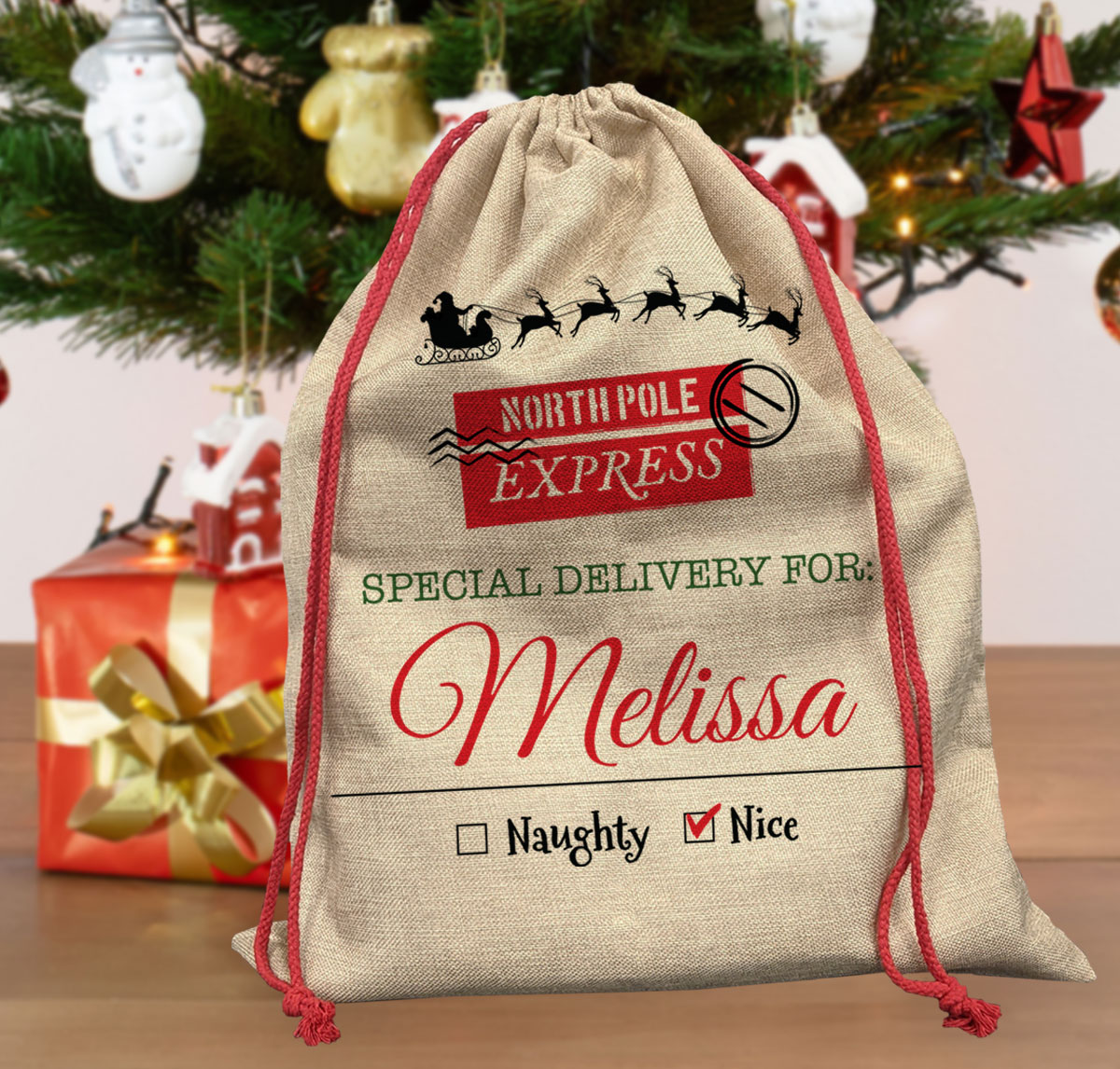 burlap sack for a gift bag customized with name and north pole express