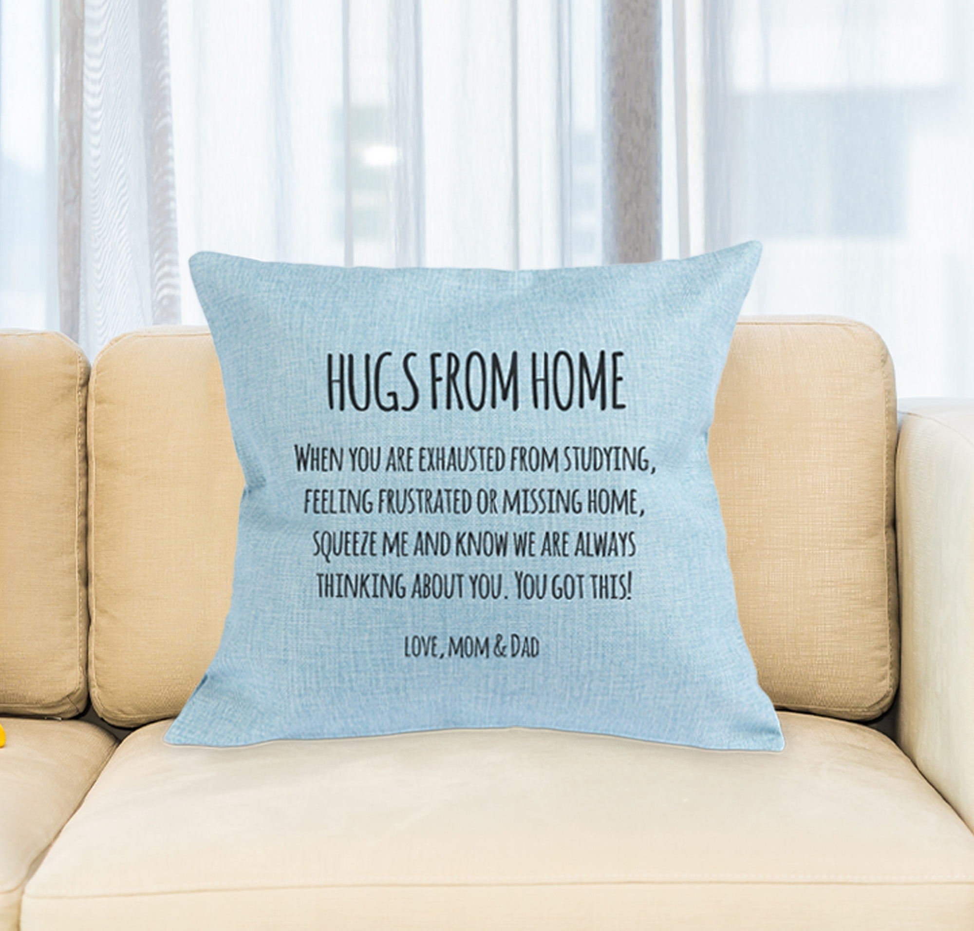 cushion personalized with a poem and is placed on a couch