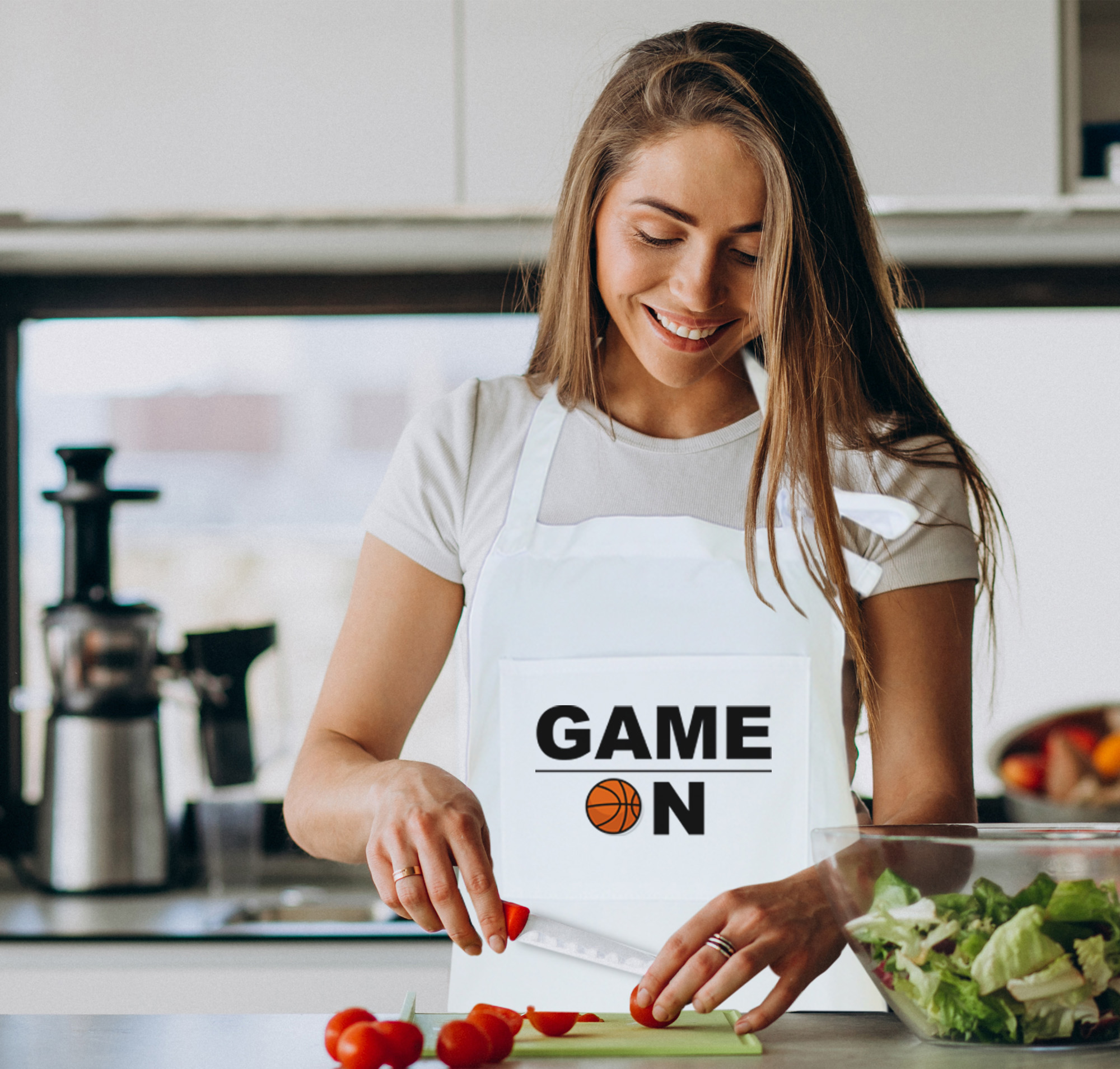 woman cutting vegetables wearing a customized apron