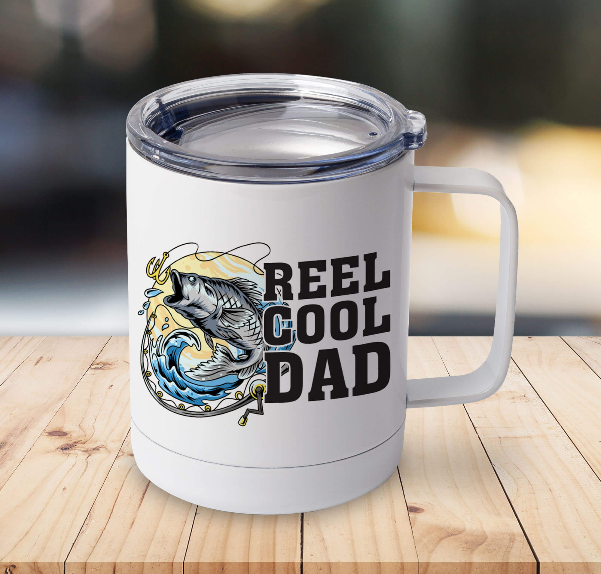 mug with lid customized with 'reel cool dad' and a fish image