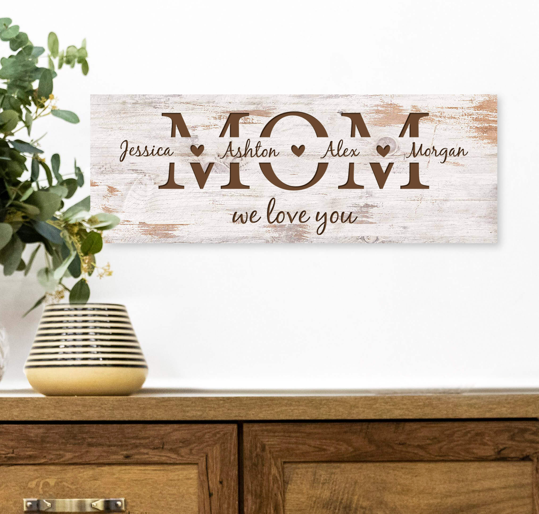 mom sign personalized with names hanging on the wall
