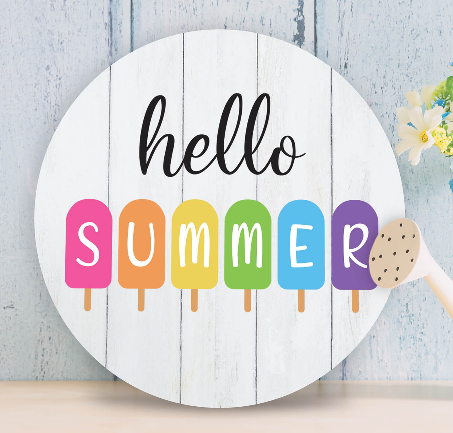 wood round home decor customized with 'hello summer' and colorful popsicle images