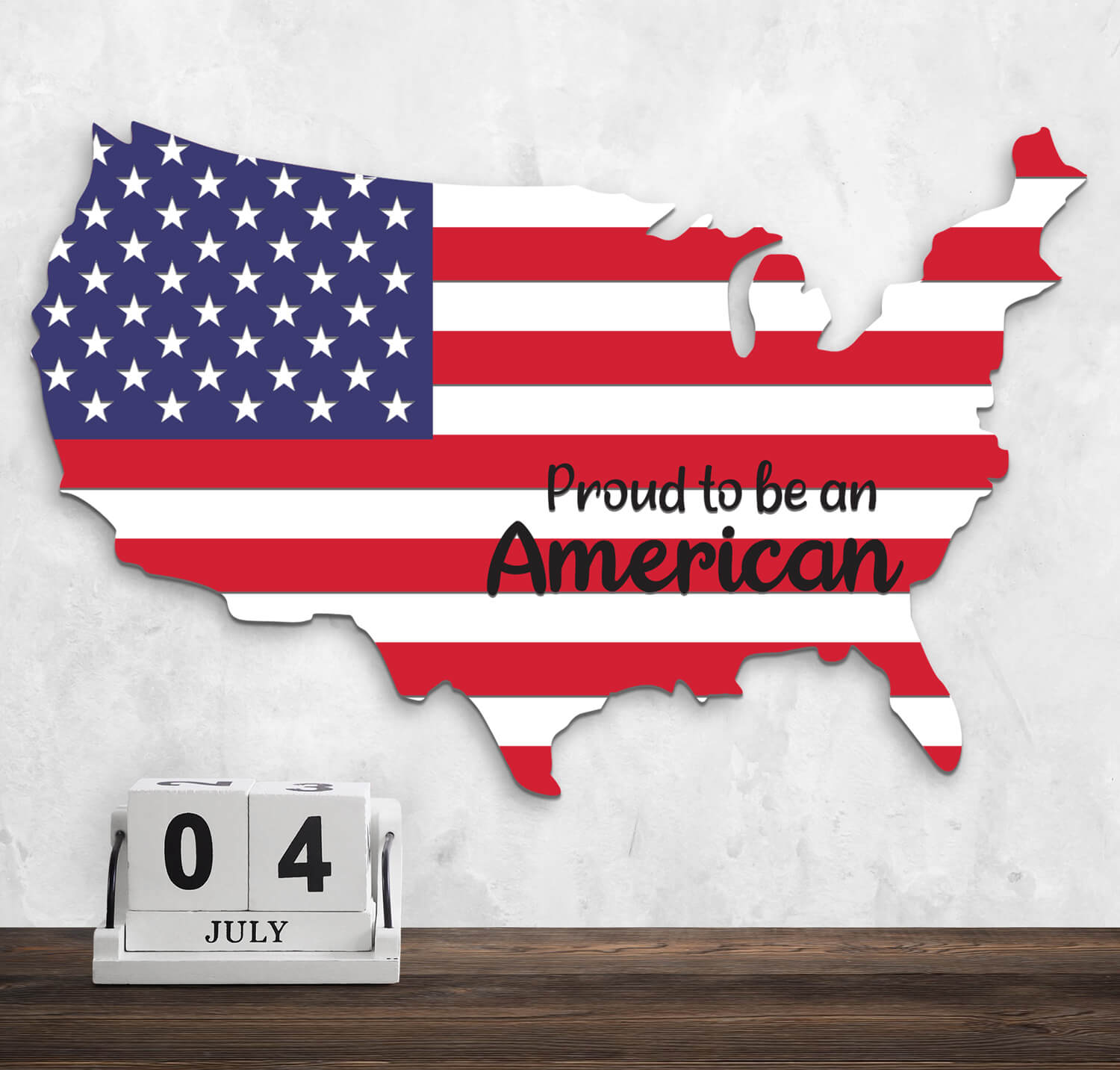 United States shaped wall decor customzied with 'proud to be an American' and decorated like the US flag
