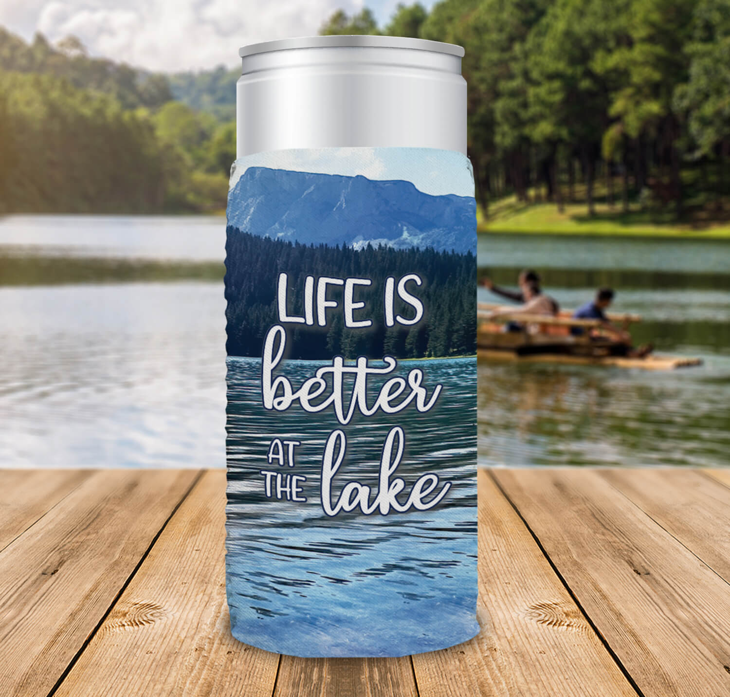 can insulator customized with 'life is better at the lake' and an image of a peaceful lake