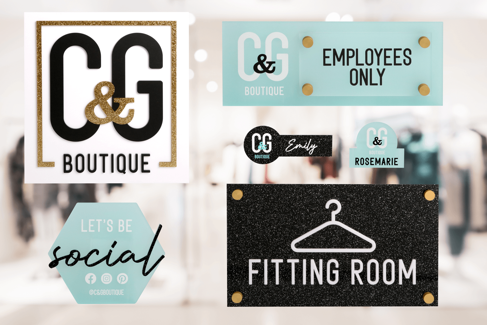 Assortment of signs customized using ColorHues material