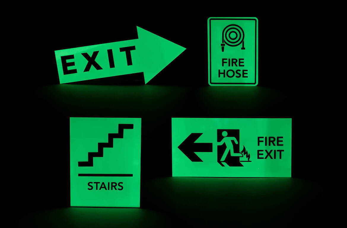 assortment of glowing signs made using laswerglow material