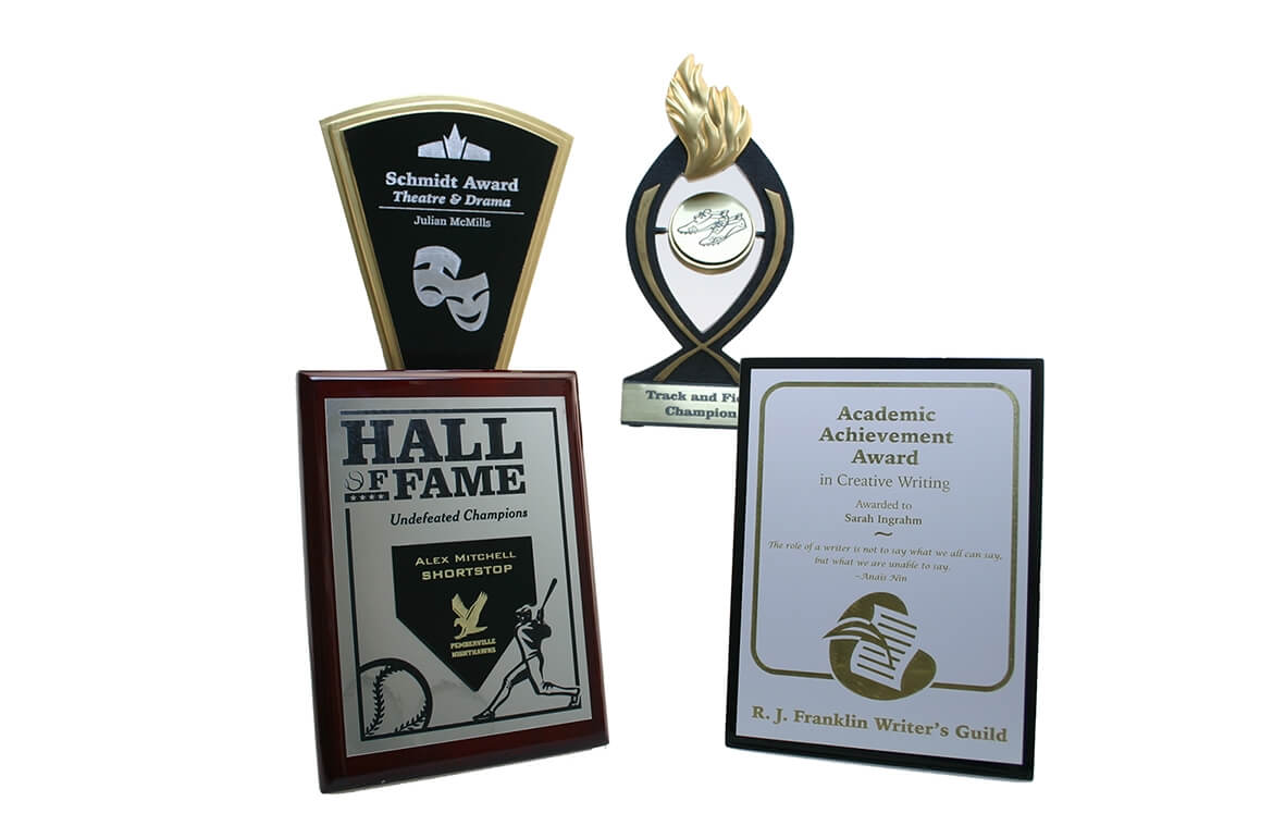variety of awards created using laserlights material