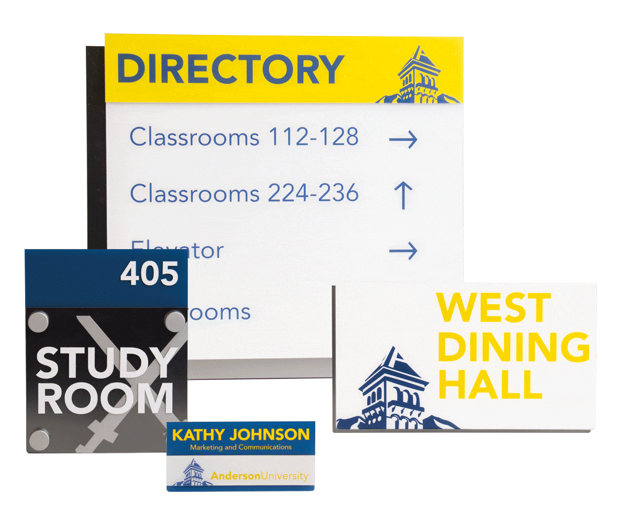Assortment of school informational signs, name plates, and in two different color schemes