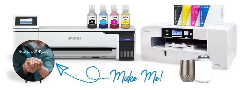 items for sublimation in front of two printers with an assortment of inks