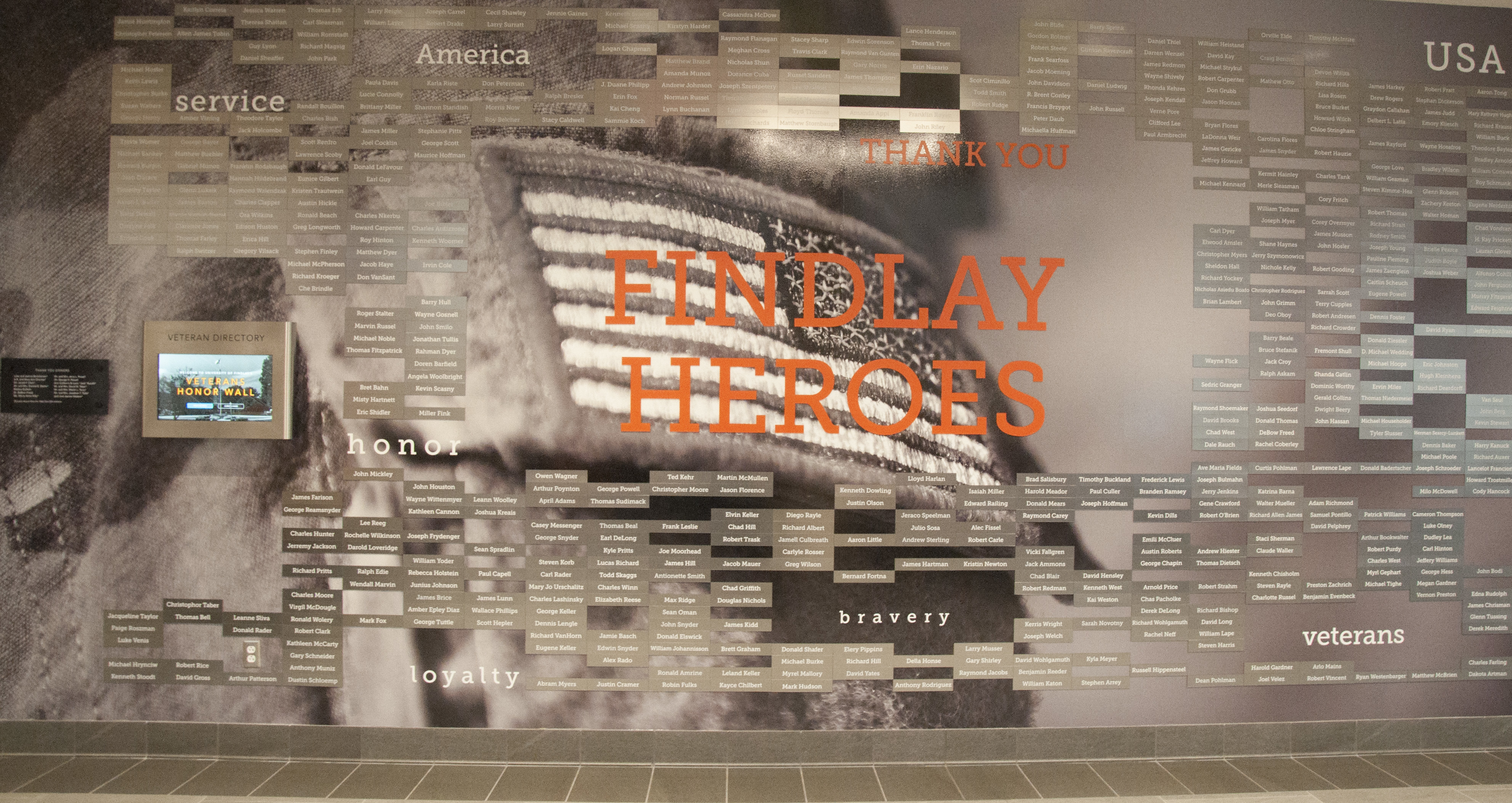 Recognition wall at University of Findlay for honoring service members.